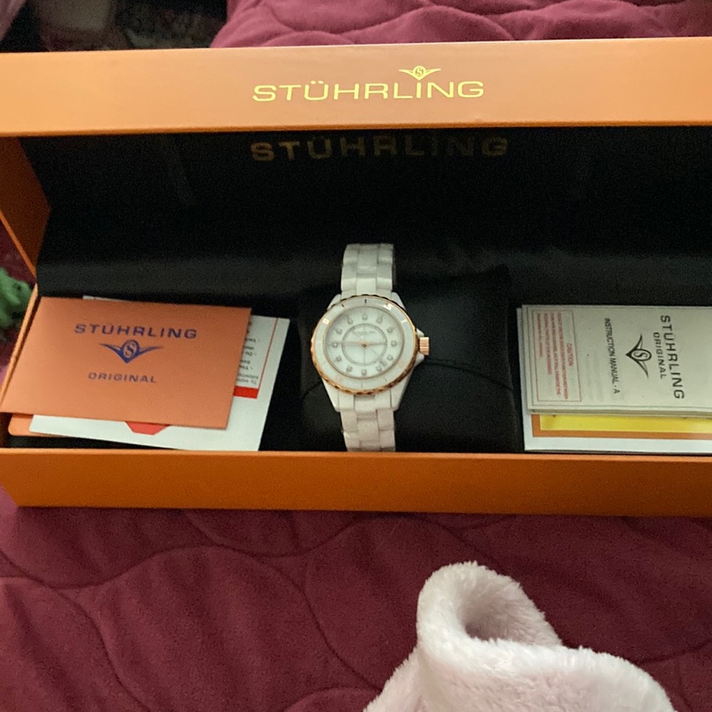 Ladies Stuhrling white ceramic watch, new in box but about 5 years old